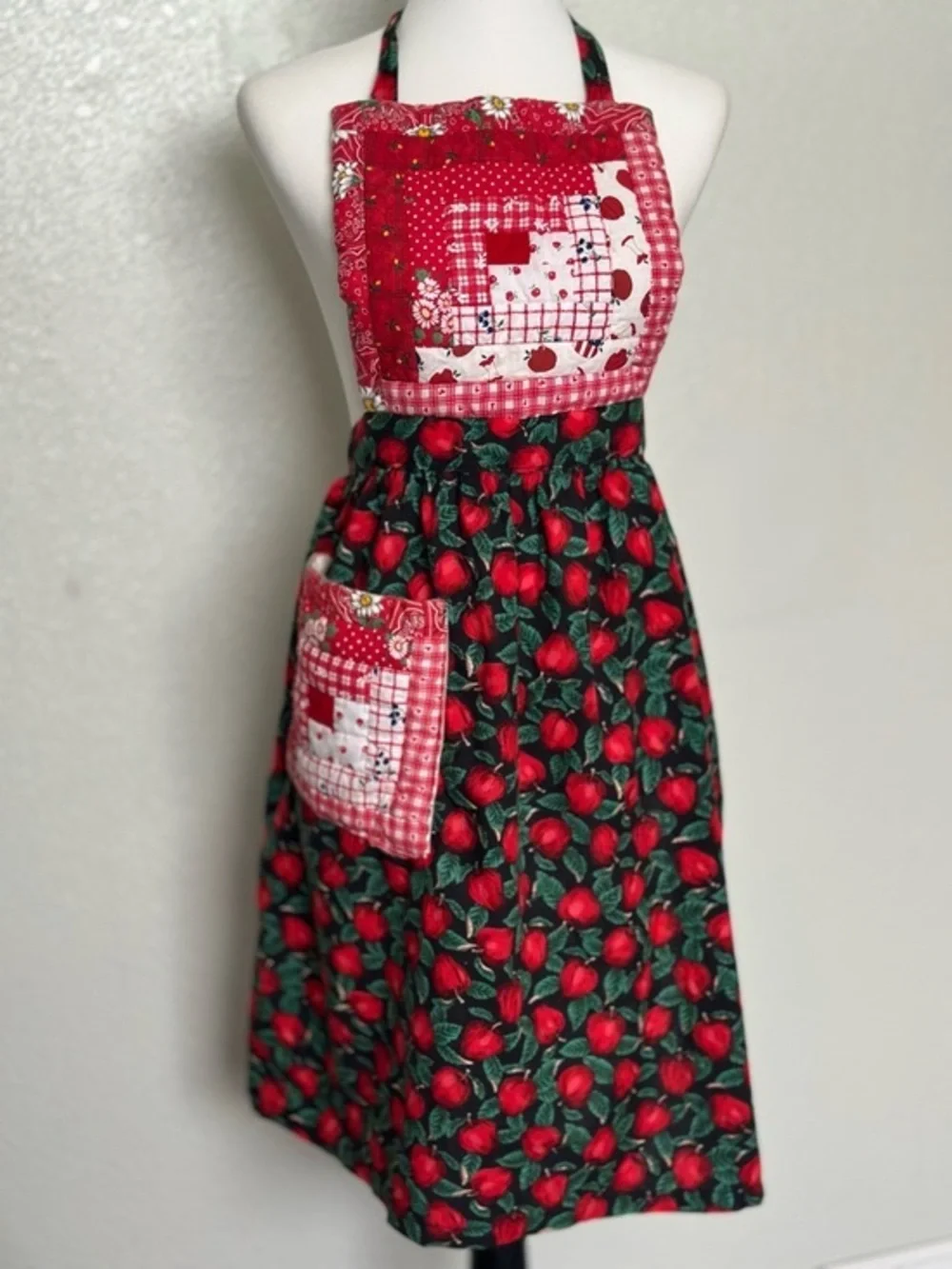 Red Apple Print Apron with Patchwork Pocket Quilted Handmade in Alaska